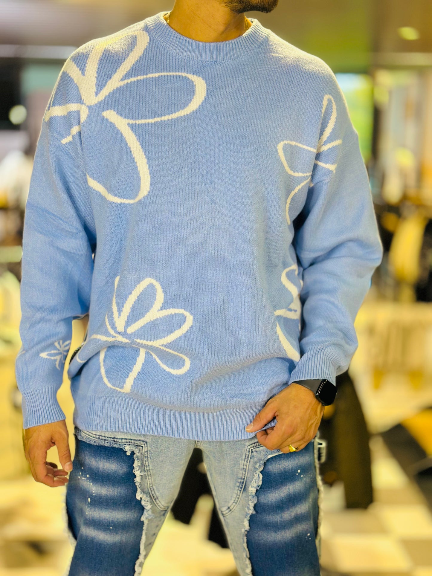 PULL FLEUR BLEU CIEL