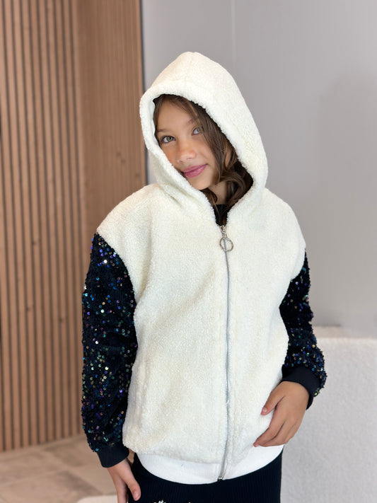 BLOUSON TEDDY BLANC MANCHE SEQUIN