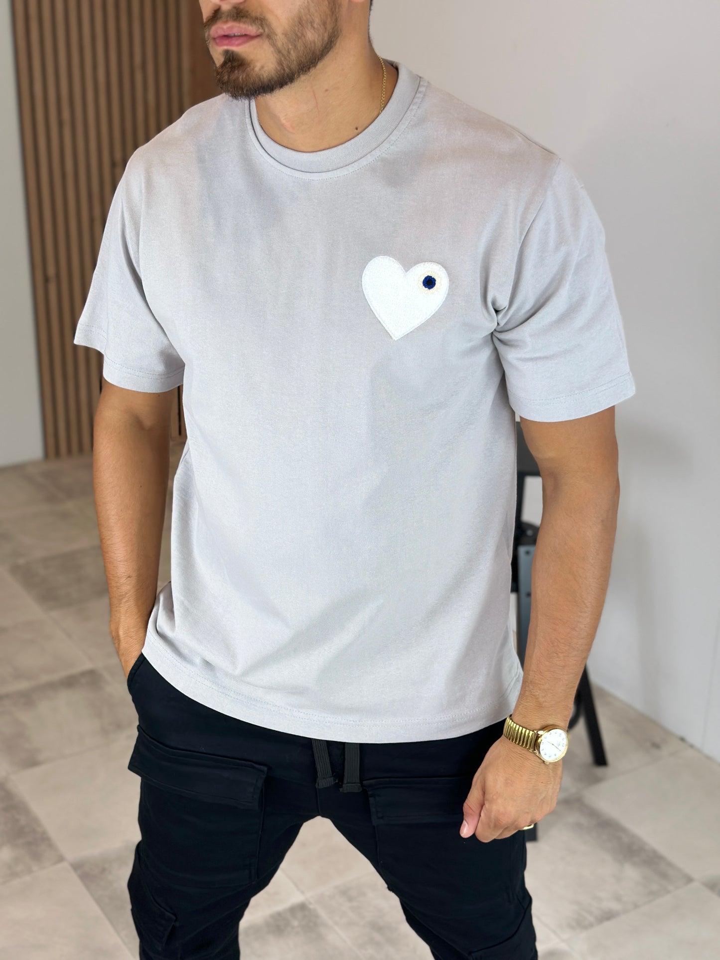 T SHIRT HEART GRIS/BLANC