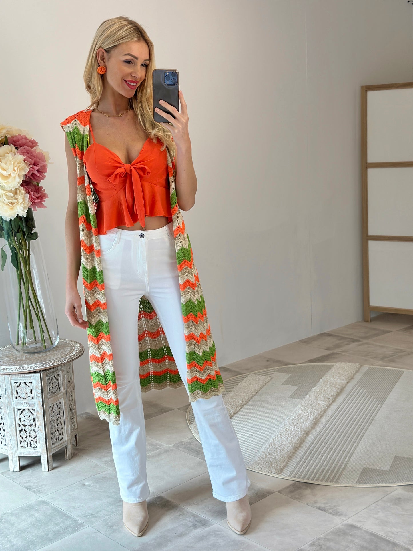 GILET EN MAILLE ORANGE/VERT